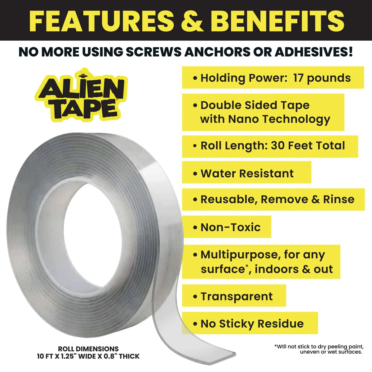 Alien Multipurpose Adhesive Transparent Double Sided Nano Tape Roll 1.18" Wide x 10 Feet Long